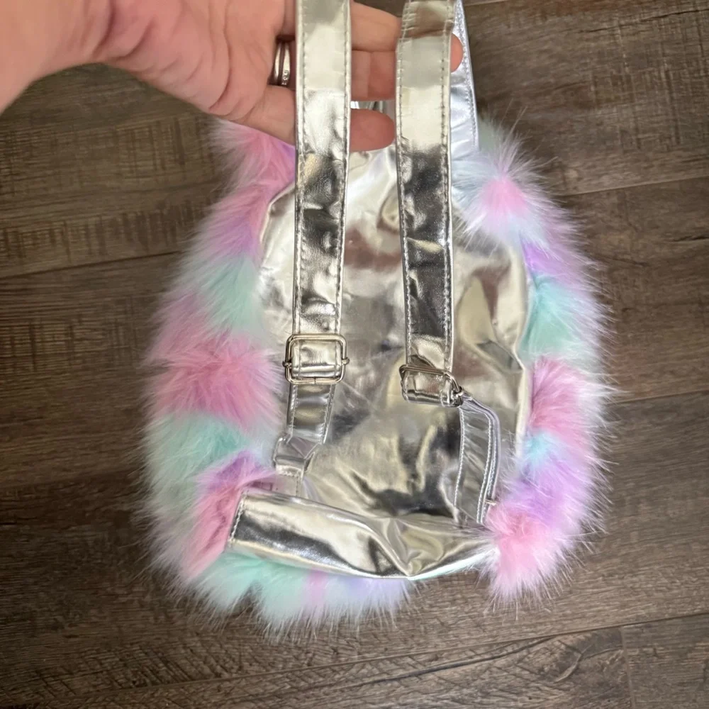 NWOT Justice Furry Unicorn Mini Backpack with Adjustable Straps
